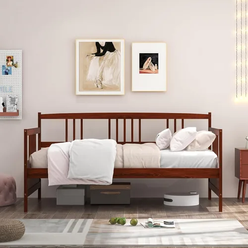 Vista 7 de Giantex - Marco de cama doble de día, sofá cama de madera con rieles y soporte de listones de madera, marco de cama de plataforma tamaño individual