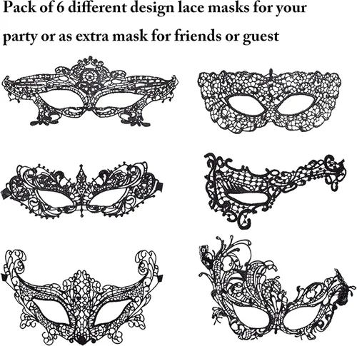 Vista 5 de Máscara de encaje negro para mujer, paquete de 6 máscaras de fiesta de disfraces