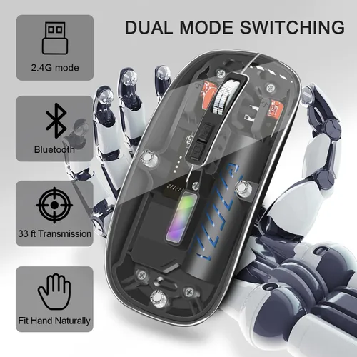 Vista 2 de Ratón inalámbrico, mouse de computadora con conectividad de modo dual (2.4G + BT5.2), mouse óptico con carcasa transparente, batería recargable