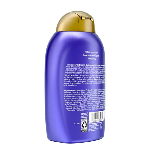 Vista 3 de OGX Champú voluminizador de colágeno extra fuerte con vitamina B7 y proteína de trigo hidrolizada para cabello fino. Tensioactivos sin sulfato