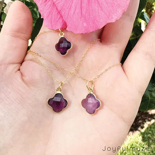 Vista 68 de Genuine Gemstone Necklace, Carved Four Leaf Clover Shape, Amethyst, Moonstone, Amazonite, Tourmaline, Labradorite, 925 Sterling Silver Jewelry