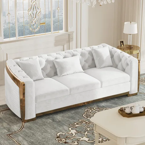 Vista 23 de DAMAIFROM Sofá Chesterfield moderno de mediados de siglo, sofá de terciopelo de 62" blanco y dorado, sofá biplaza curvo de lujo para sala de estar