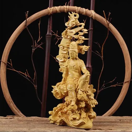 Vista 8 de Estatua de kuanyin de Feng Shui, estatua de boj quanyin, decoración de estante de escritorio, obra de arte tallada a mano para decoración de oficina