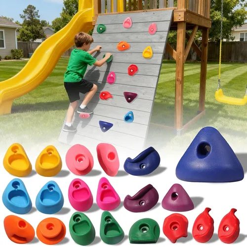 Vista 18 de Juego de 20 soportes de escalada en roca para niños, agarres de pared para escalada en roca, juego de pared para interiores y exteriores, juego