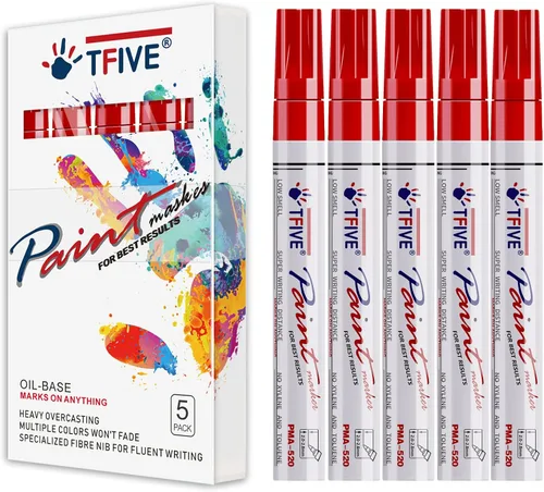 Vista 8 de TFIVE Rotuladores de pintura negra, paquete de 5 rotuladores permanentes a base de aceite, punta media, impermeables y de secado rápido
