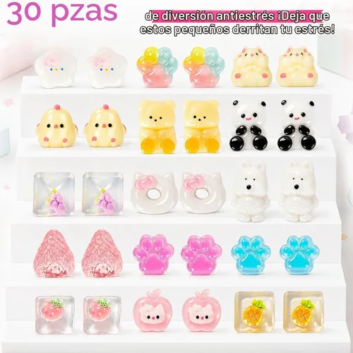 Vista 3 de Paquete de 30 juguetes esponjosos, juguetes sensoriales para aliviar el estrés para niños y adultos, mini animales, frutas, patas, gatos, juguetes