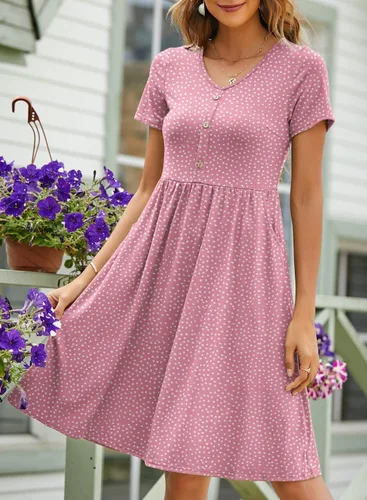 Vista 2 de YATHON - Vestidos de verano para mujer con mangas, de algodón, con cuello en V, botones y bolsillos, de corte acampanado, estilo casual
