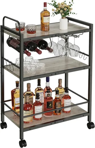 Vista 9 de Carrito de Servicio para Bar Doméstico, Carrito de Servicio con Ruedas y Mango, Carrito de Cocina Rodante de 3 Niveles, Carrito para Microondas