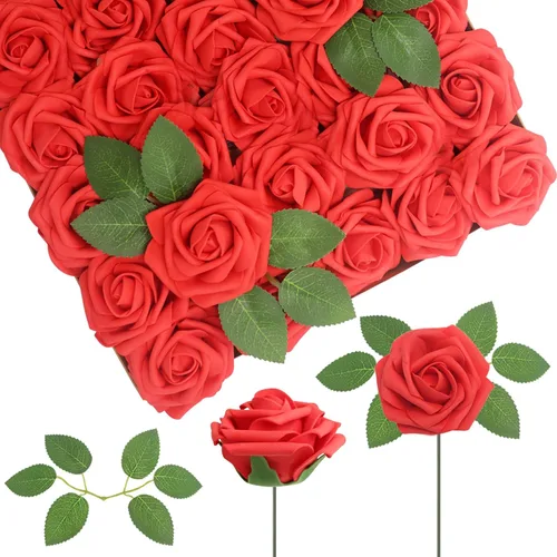 Vista 23 de 25 rosas realistas negras, flores artificiales de espuma de látex con tallos flexibles y 8 hojas para decoración de bodas, hogar y fiestas Negro