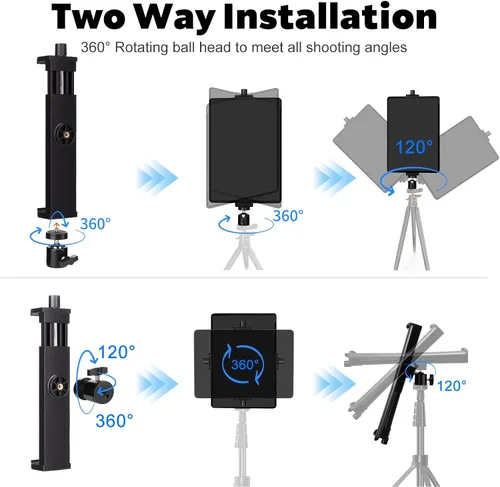 Vista 4 de Adaptador de montaje de trípode para iPad con cabeza esférica, soporte universal de abrazadera giratoria 360 con control remoto Bluetooth para iPad