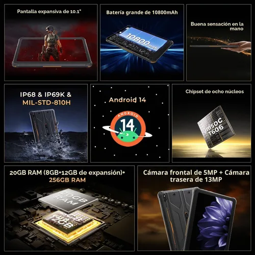 Vista 4 de HOTWAV R10 Pro 2025 Tableta Resistente Android 14 - 10.1 Pulgadas HD+ 10800mAh Tableta Impermeable, 20GB RAM+256GB ROM/1TB TF Tablets para Negro