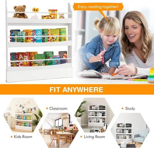 Vista 8 de Costzon Estantería para niños montada en la pared, estante organizador de madera de 3 niveles para libros y juguetes, estantería para niños pequeños