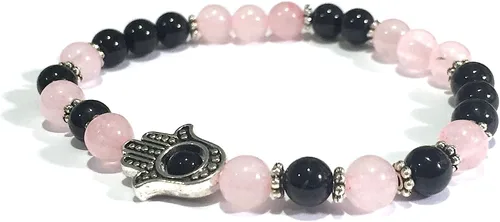 Vista 2 de Handmade Hamsa Hand, Rose Quartz, Black Tourmaline Healing Bracelet 7 Inches