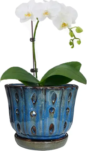 Vista 14 de Maceta de Cerámica para Orquídeas con Platillo Adjunto y Agujero de Drenaje de 6 Pulgadas (Negro)