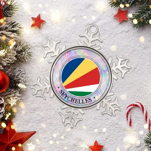 Vista 4 de Bandera de Seychelles - Adorno de Navidad personalizado de Seychelles 2023, recuerdo de viaje de ciudad, adornos de copo de nieve, adornos de metal