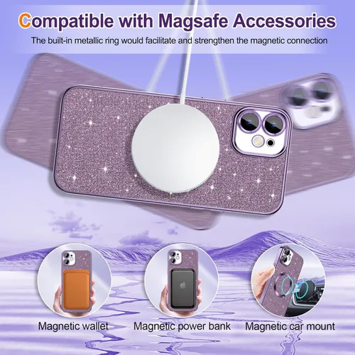 Vista 5 de Hython para iPhone 12 Funda con chispas brillantes, fundas transparentes magnéticas con protector de lente de cámara [Compatible con MagSafe]