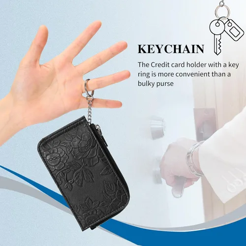 Vista 6 de GAEKEAO Cartera pequeña porta tarjetas de crédito para mujeres RFID de cuero delgada tipo pulsera con llavero y bolsillo con cremallera, Negro