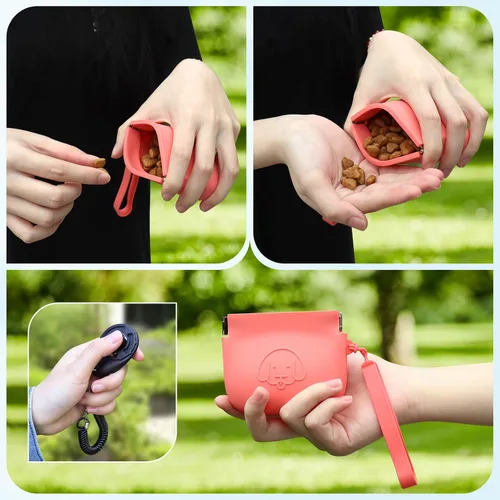 Vista 5 de WALLFID Bolsa de silicona para golosinas de perro, cierre automático, con clicker de entrenamiento para mascotas, bolsa para caminar para perros