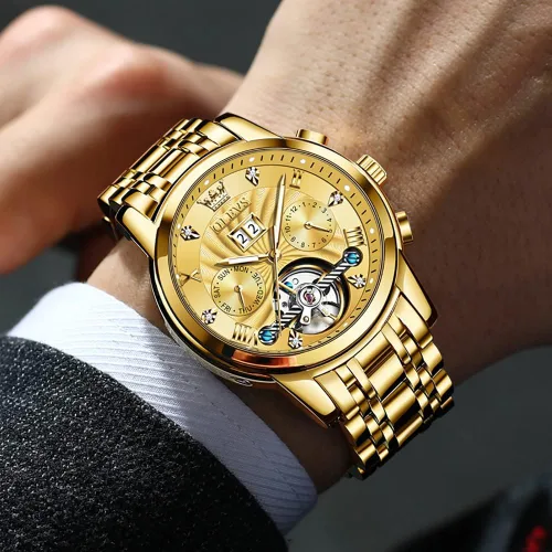 Vista 3 de OLEVS Relojes automáticos para hombres reloj de pulsera mecánico de esqueleto de lujo dorado con cuerda automática diamante luminoso impermeable