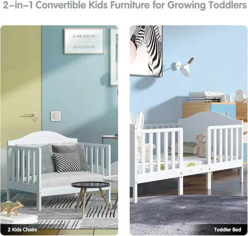 Vista 5 de Costzon Cama convertible 2 en 1 para niños pequeños, cama clásica de madera para niños con 2 barandillas laterales, estribo para mayor seguridad