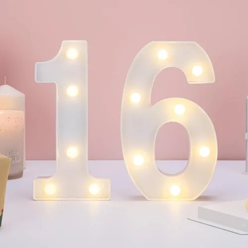Vista 6 de Señal de número 16 con luz LED, luces blancas cálidas con número