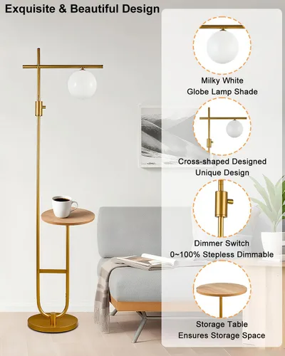 Vista 3 de Lightdot Lámpara de pie alta moderna dorada de 66 pulgadas con mesa 1 mesa Globo-Gold