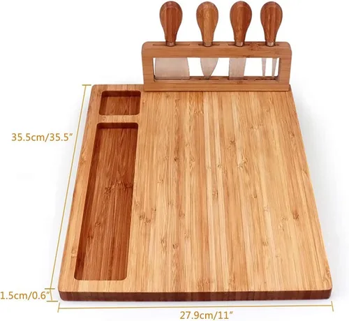 Vista 2 de Juego de tablas de queso y cuchillos de bambú, juego de tablas de embutidos grandes y plato de queso