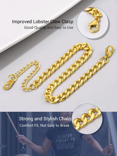 Vista 6 de PROSTEEL Pulsera de acero inoxidable para hombres y mujeres, elegantes pulseras de eslabones cubanos, chapado en oro negro de 18 quilates, ancho