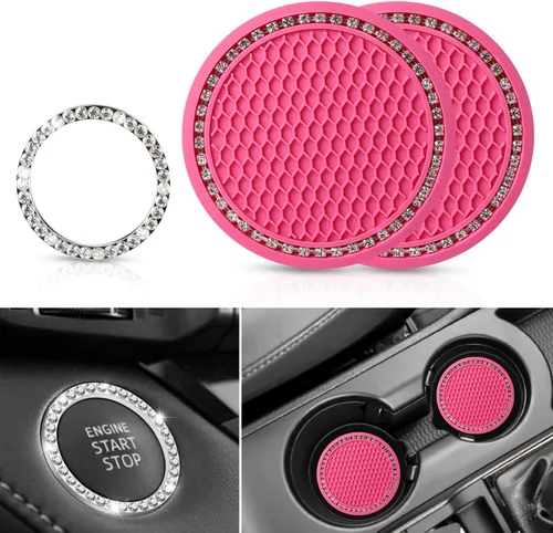 Vista 12 de OUZORP Paquete de 2 posavasos azules para automóvil con botón de arranque y anillo brillante, 1 paquete Posavasos antideslizantes para portavasos