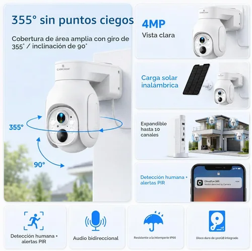 Vista 2 de Camcamp Solar Security Cameras Wireless Outdoor 4 Pack, Home Camera System Blanco