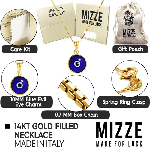 Vista 5 de Collar de cadena de oro de 14 quilates de 20 pulgadas de largo con dije de protección contra el mal de ojo de vidrio azul de 0.394in para mujer