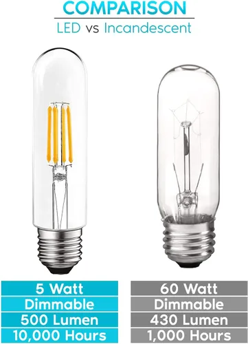 Vista 3 de LUXRITE Bombilla LED T10, equivalente a 5 W = 60 W, blanco cálido de 2700 K, bombilla de filamento Edison vintage, 500 lúmenes, bombilla tubular