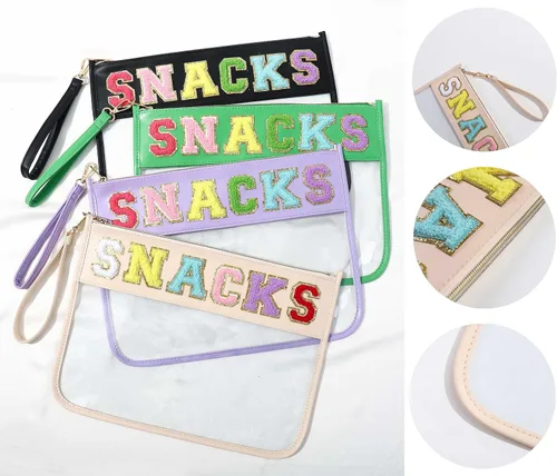 Vista 4 de TopTTanBo Bolsa transparente de chenilla con letras, multiusos, transparente, impermeable, para aperitivos, maquillaje, con correa para la muñeca