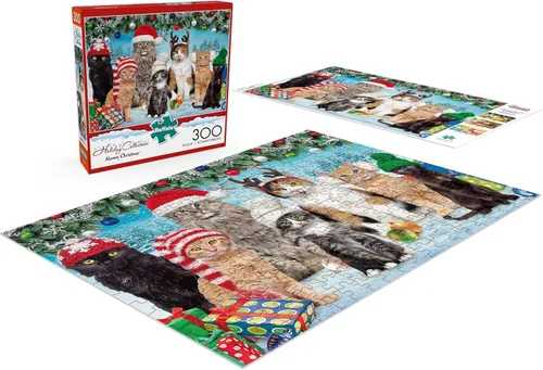 Vista 5 de Buffalo Games - Meowy Christmas - Rompecabezas navideño de 300 piezas - Rompecabezas colorido y festivo para adultos - Piezas cortadas