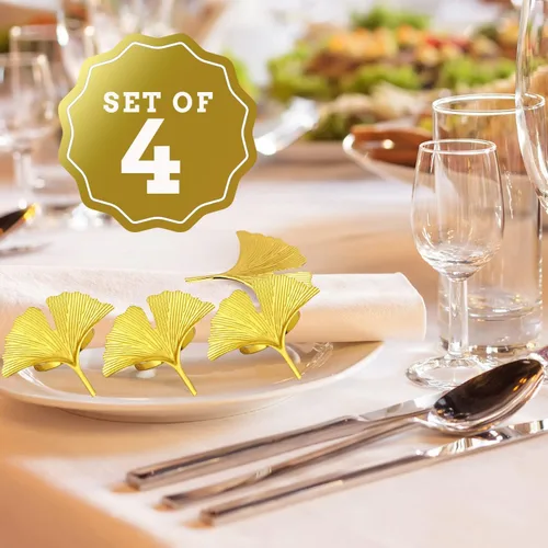 Vista 2 de Jolitee Juego de cuatro servilleteros dorados de hoja de ginkgo – Elegante metal pesado, accesorio de mesa versátil para bodas, vacaciones y uso