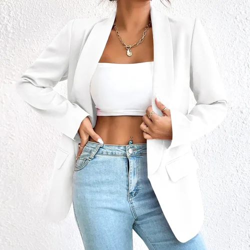 Vista 2 de Blazers casuales de manga larga para mujer, chaqueta de traje de moda con solapa frontal abierta