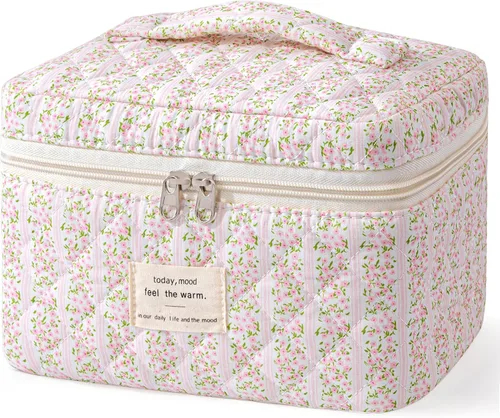 Vista 29 de HBselect Bolsa de Maquillaje Acolchada, Bolsa de Maquillaje Grande de Algodón para Viaje, Lindas Bolsas de Maquillaje con Flores Coquette, Bolsas