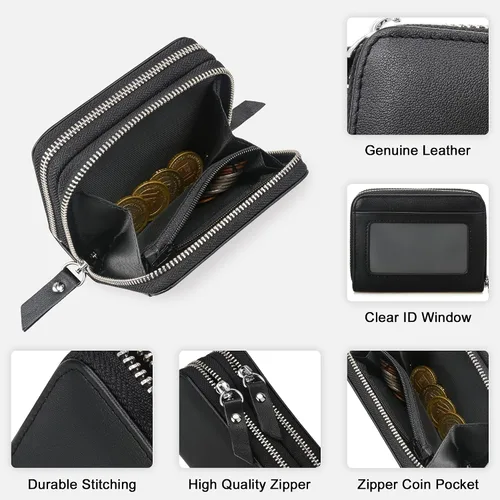 Vista 5 de KM Legend Cartera para mujer, delgada, con bloqueo RFID, tarjetero con ventana de identificación, monederos compactos con doble cremallera