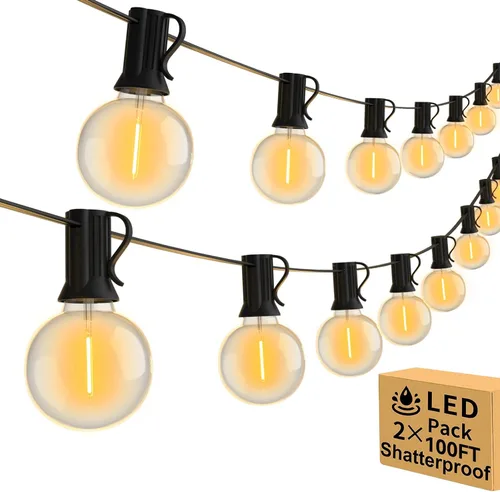 Vista 7 de Guirnalda de luces para exteriores de 100 pies, impermeable, conectable, regulable con 52 bombillas LED inastillables, paquete de 2 tiras de luces