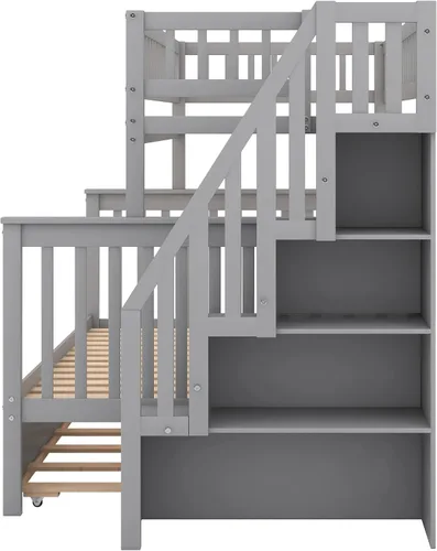 Vista 8 de Literas para niños con escalera, literas de madera maciza con barandilla completa
