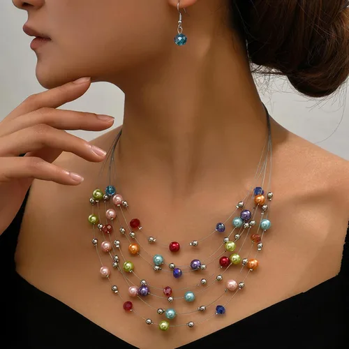 Vista 2 de YANCHUN Gargantilla de perlas para mujer, collar largo de perlas y aretes para mujer, rojo, negro, morado, blanco, rosa, collar de perlas gruesas