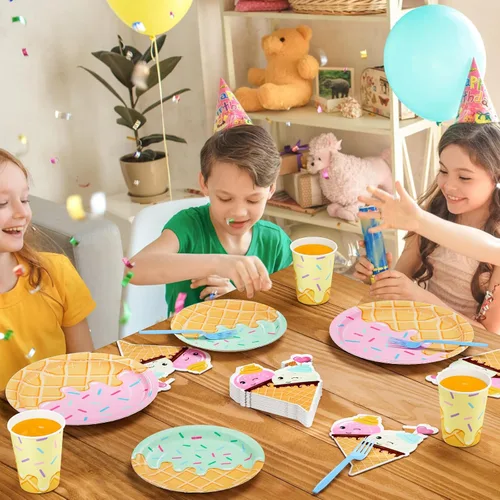 Vista 4 de DYLIVeS 132 piezas de suministros para fiesta de cumpleaños de helado, juego de vajilla desechable para decoración de mesa de fiesta para niña