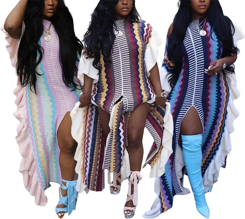 Vista 4 de Women's Knitted Ribbed Maxi Dress Boho Ruffled Sleeve Slit Sweater Dresses