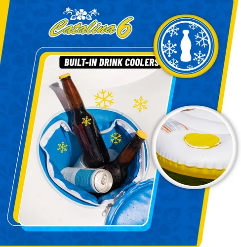Vista 7 de Body Glove Catalina Island - Salón flotante inflable para seis personas con altavoz Bluetooth, 2 enfriadores y 6 soportes para bebidas, zona