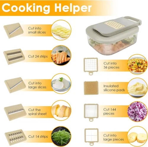 Vista 3 de Picador de verduras, cortador de alimentos con mandolina 9 en 1 para cocina, rallador de queso, picador de verduras con recipiente, 9 cuchillas