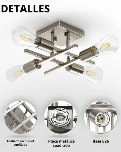 Vista 2 de Lámpara de techo semiempotrada de 4 luces, moderna lámpara de níquel cepillado cerca del techo, fácil de montar, luces de techo interiores