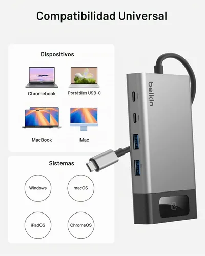 Vista 9 de Belkin Hub USB C, concentrador multipuerto 8 en 1 de 100 W - Soporte de doble pantalla para Windows y Chromebook + soporte duplicado para macOS