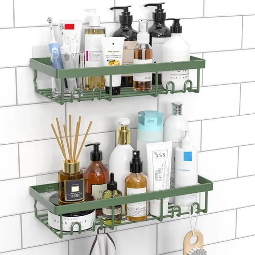 Vista 10 de Moforoco Estante organizador de estante para ducha, cesta autoadhesiva negra para estantes de baño, decoración interior de pared de casa de campo