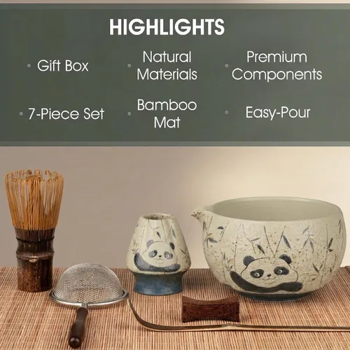 Vista 2 de Juego de batidor de matcha de 7 piezas con cuenco y batidor de 100 puntas Intricate Hand-Applied Decal, Bamboo Tea Mat Included, 100-Prong for