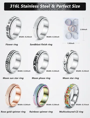 Vista 2 de CASSIECA Anillos giratorios de acero inoxidable para mujeres y hombres anillos giratorios de flores luna estrella anillos de ansiedad frescos